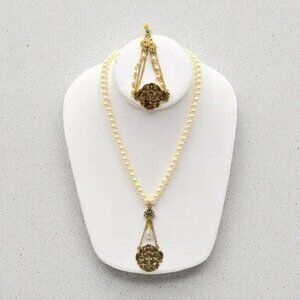 Vintage Art Nouveau Style Lady Necklace & Bracelet Set Faux Pearl Gold Tone